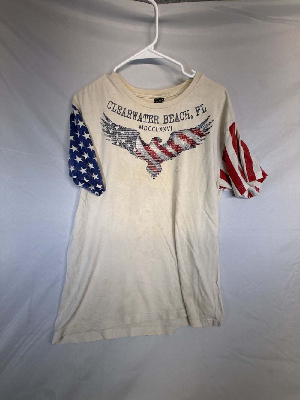 Y2K Clearwater Beach FL Flag Eagle T-Shirt Size L White Cotton